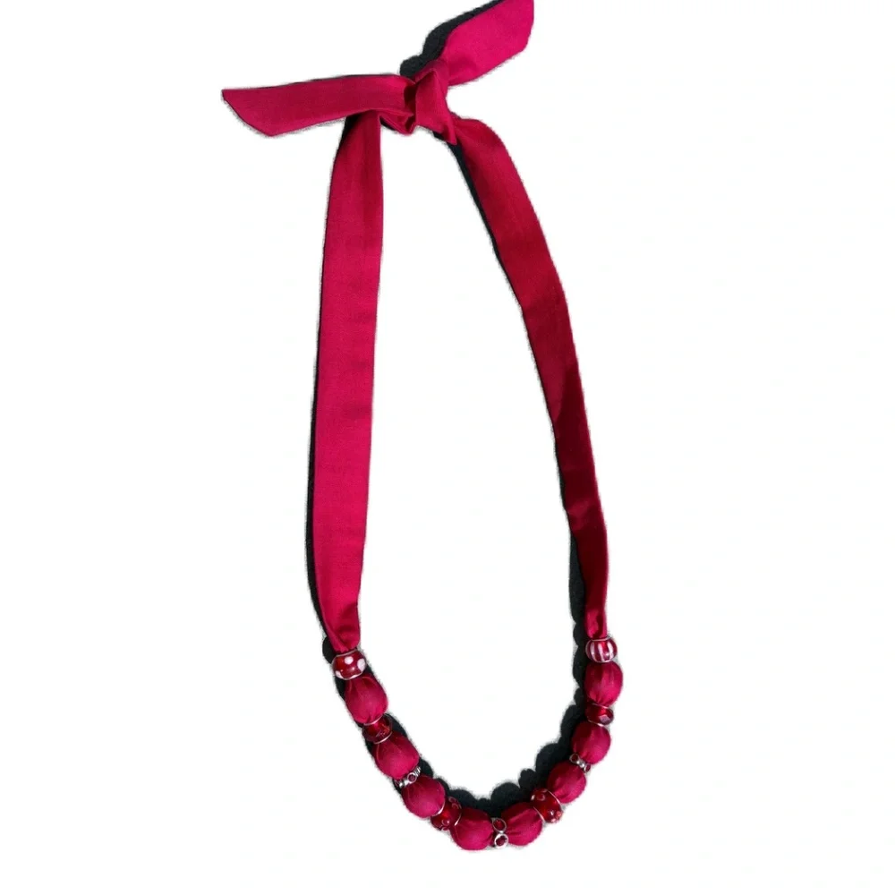 necklace red beaded fabric adjustable self-tie